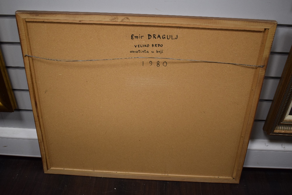 After Emir Dragulj (Bosnian 1939 - 2002) Aquatint/etching 'Veliko Brdo' an interesting scene - Image 7 of 8