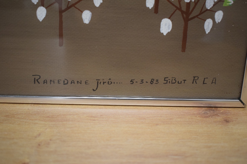 Ramedane Jiru (20th Century) Acrylic on paper, a vibrant African harvest scene, signed and dated ( - Image 3 of 5