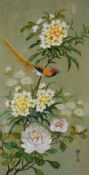 A 20th Century Chinese Gouache on cork paper, depicting an orange feathered bird and florals, signed
