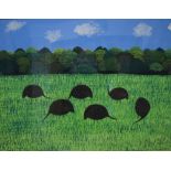 Ramedane Jiru (20th Century) Acrylic on paper, a vibrant African scene of Guinea fowl grazing in