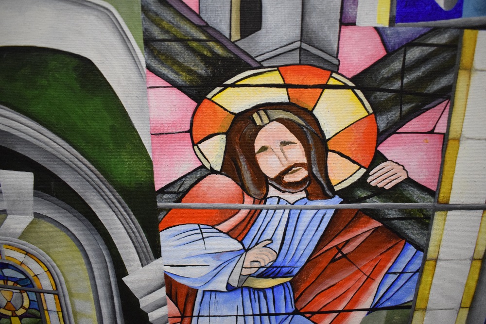 Claire Barry (contemporary) acrylic on board, colourful ecclesiastical study, unsigned, within a - Image 3 of 4