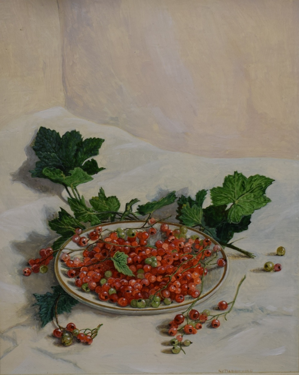 Stephen J. Darbishire (British b1940) oil on board, still life study of redcurrants, signed lower
