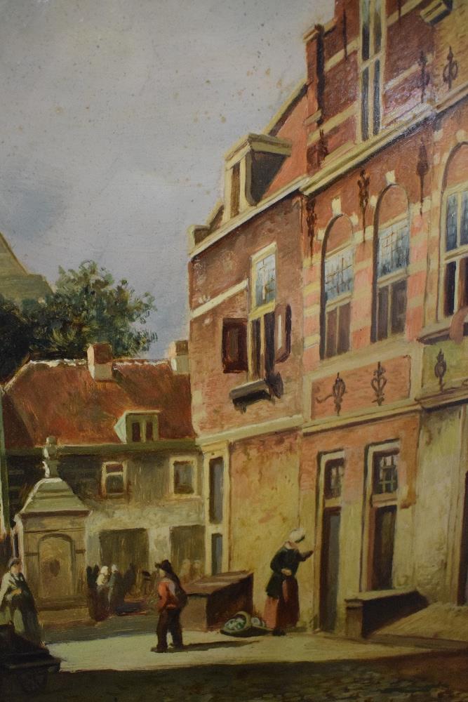 Zim Simons (Dutch 20th Century) oil on board street scene with figures, signed lower right, artist - Image 3 of 6