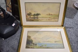 Two pictures after J W Stedman depicting lakes and rivers, mounted framed and glazed 55cm x 40cm