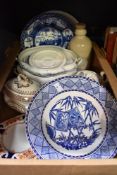 Five blue and white JM & Son 'Bamboo' soup plates, a stoneware bottle and a selection of assorted