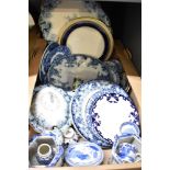 A selection of blue and white ware including a Copeland Spode plate in cobalt blue with gold rim,
