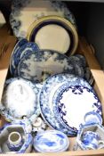 A selection of blue and white ware including a Copeland Spode plate in cobalt blue with gold rim,