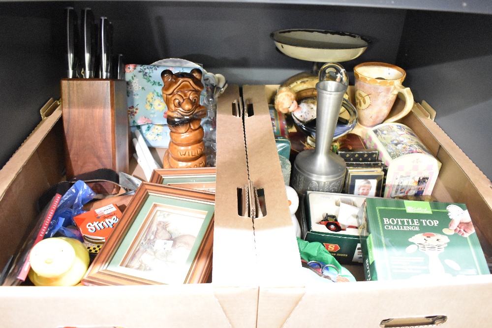 A miscellaneous selection of items in two cartons including a vintage Salter scale, a Corgi Eddie