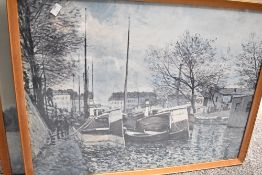 A print after A Sisley depicting boats on a river framed and glazed 75cm x 57cm sold with two