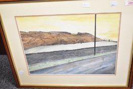 W.R Fox (British contemporary) a colourful watercolour depicting roadside and hill at sunset,