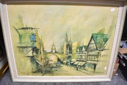 A print on board after Ben Maile depicting a busy city street framed 84cm x 66cm.