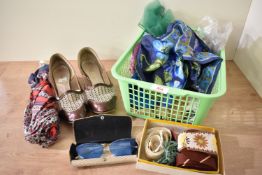 A collection of ladies accessories circa 1930-1950s, comprising a pair of blue tinted butterfly