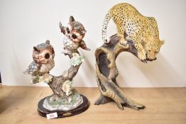 A Tree Leopard animal study 41cm and another Owl study 35cm.