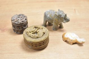 A quantity of 20th-century Oriental carved stone pieces, to include a two small boxes decorated with