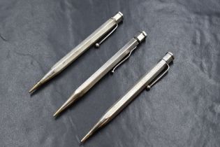 Three hexagonal Yard o Led mechanical pencils. One Sterling Silver two Hallmarked London 1938 & 1951