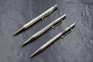 Three Yard o Led mechanical pencils. Two Hallmarked Silver 1955 and 1966, maker Johnson, Matthey &