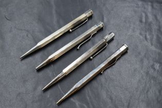 Four hexagonal Yard o Led mechanical pencils. One Stirling Silver, three Hallmarked London 1956,