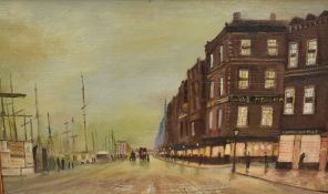 A 20th century oil on canvas depicting a 19th century street beside a dock at sundown, unsigned or