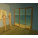 Colin Scott (British 1941-2006) Surrealist oil on canvas, a nude female is repeated brushing her