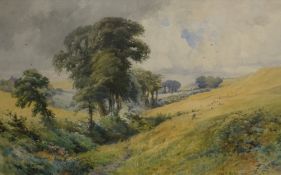 Charles F Robinson (1874-1896) watercolour, pastoral scene with sheep, within a stepped and lined