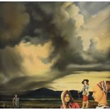 Eric Scott (British 1945 - 2005) Oil on canvas 'Question', depicting figures from different time