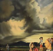 Eric Scott (British 1945 - 2005) Oil on canvas 'Question', depicting figures from different time