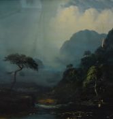 19th Century oil on canvas depicting a river scene in cool tones, within gilt slip and moulded