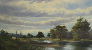 W Grebbin? (19th century) oil on canvas, a pastoral river landscape with sheep and cows watering,