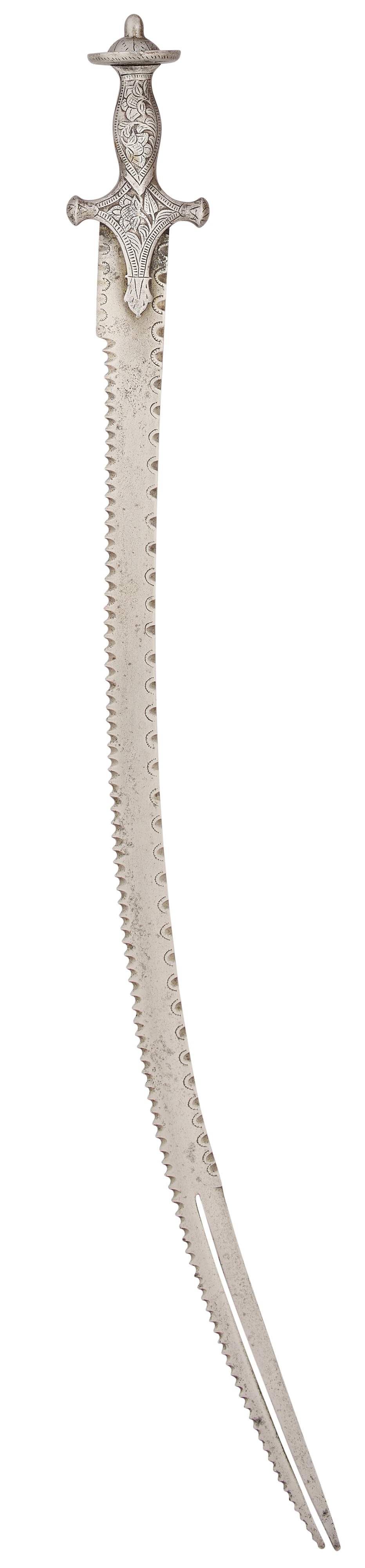 AN UNUSUAL INDIAN TULWAR, 19TH CENTURY of steel, with curved serrated ...