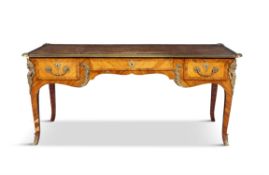 A LOUIS QUINZE STYLE ORMOLU AND KINGWOOD MARQUETRY BUREAU PLAT WITH LEATHER SCRIVER,