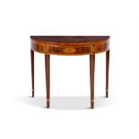 A GEORGE III MAHOGANY AND SATINWOOD BANDED FOLD TOP CARD TABLE the D-shaped top with sunburst