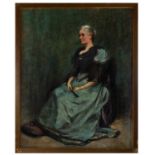 FREDERIC YATES (BRITISH 1854 - 1919) Portrait of Woman, seated in a blue dress holding fan Oil on