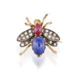 A GEM-SET AND DIAMOND BROOCH Designed as a bee, its body set with an oval-shaped cabochon