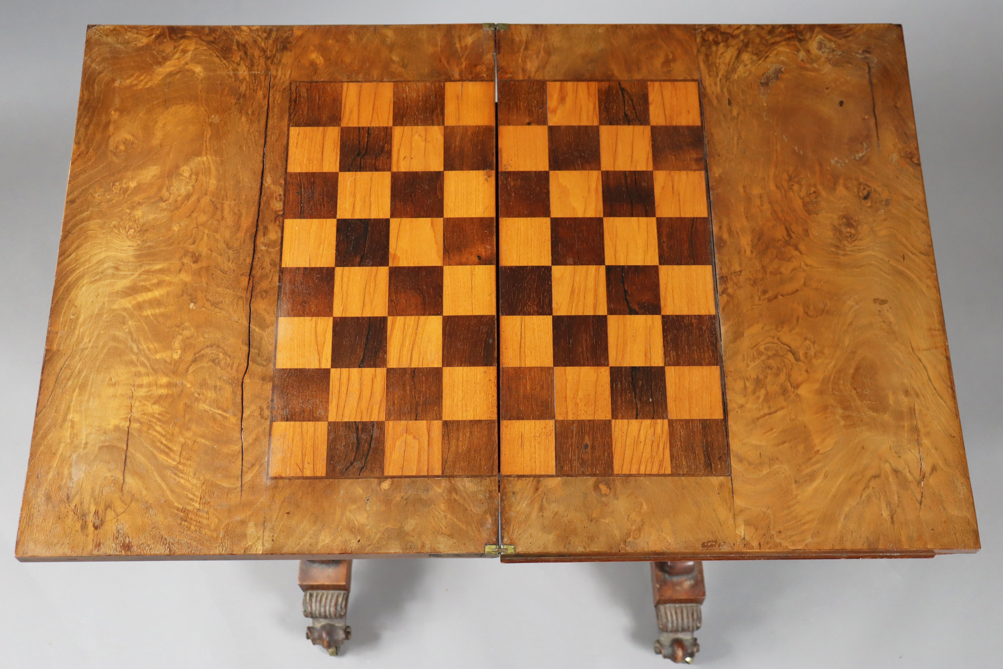 A 19th century games/needlework table with inlaid chessboard to the rectangular fold-over top, - Image 2 of 14