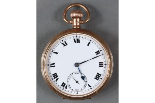 A 9ct. gold open-face pocket watch with white enamel dial, black roman numerals, & subsidiary - Image 1 of 5