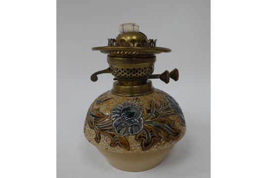 A late 19thC stoneware and brass lamp with floral and foliate decoration  7.5"h - Image 1 of 4