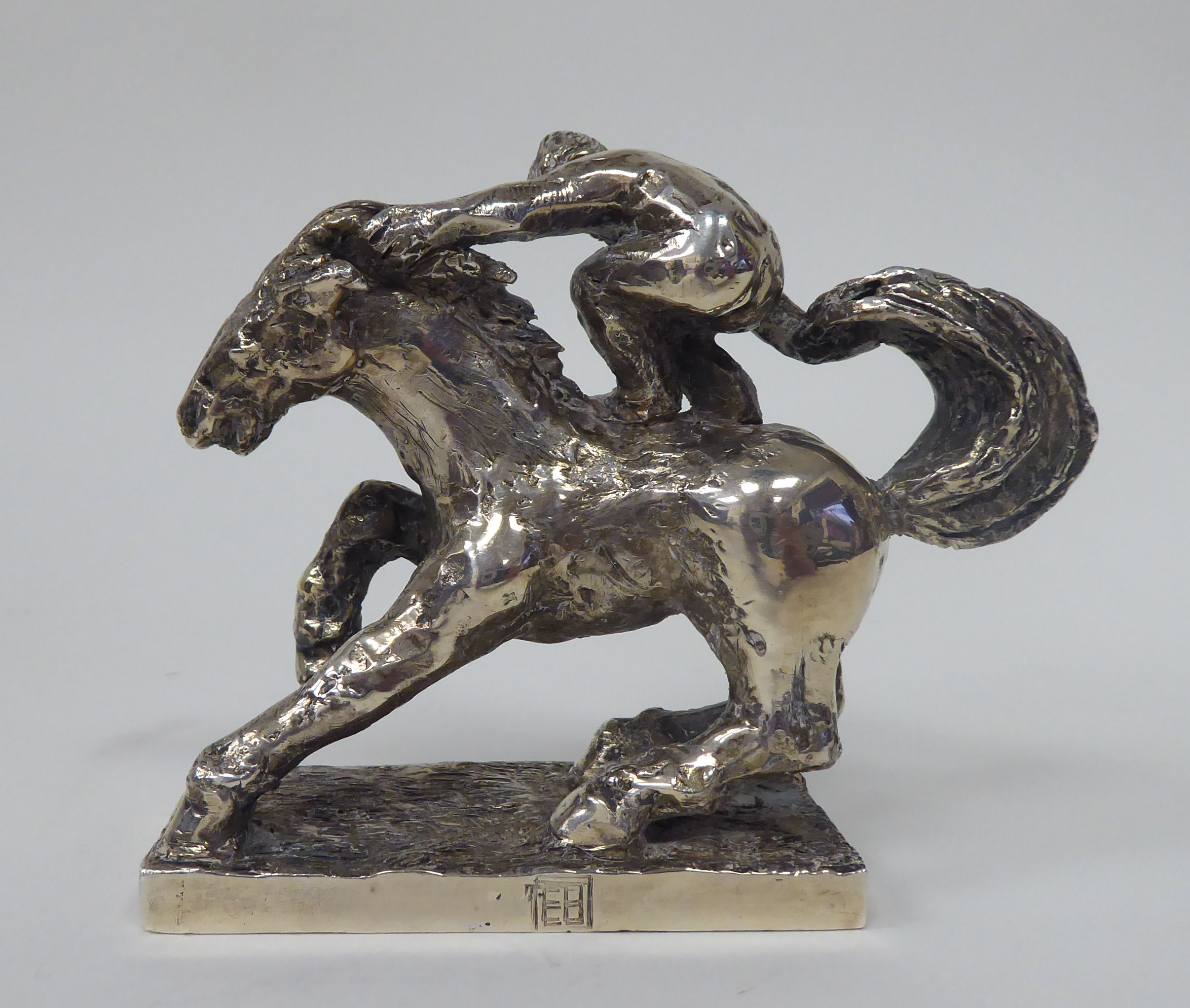 A series of three, solid silver models, depicting acrobatic horsemen, each set on a rectangular - Image 2 of 7