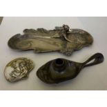 Art Nouveau design pewter metalware, viz. a tray, decorated with a woman swimming  14.5"w; a pin