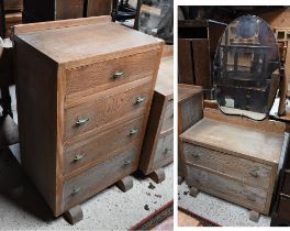 A mid-century limed oak four drawer chest raised on sledges to/with a matching two drawer mirror