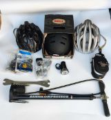 A Collection of Bike Accessories including a Bell Faction BMX/Skate Helmet in packaging.