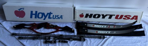 A Hoyt Aerotec handle boxed together with a pair of Hoyt recurve limbs G3 medium,