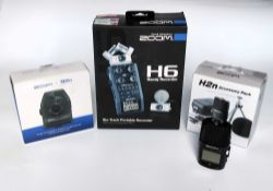 A Collection of Zoom Recorders and Accessories including a Zoom H6 Handy Recorder.