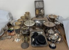 A set of six electroplated goblets together with a dish cover, trophy cups,