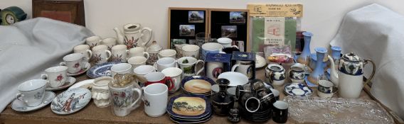 Assorted commemorative mugs together with part tea and coffee sets, pottery dressing table set,