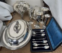 An electroplated entree dish and cover, together with an Egyptian inspired centre dish,