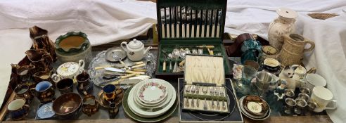 Assorted copper lustre jugs together with a Lovatt's jardiniere, flatwares, pottery, glass,