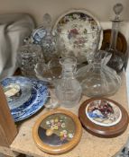 Glass decanters together with a glass pedestal bowl,