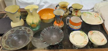 A Wade heath jug together with a Crown Devon jug, Myott and sons bowl and two studio pottery bowls,