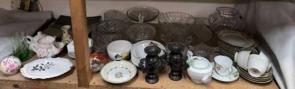 A pair of Japanese bronze twin handled vases together with glass bowls,