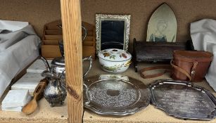 Assorted electroplated wares including a teapot, trays etc together with a table top bookcase,
